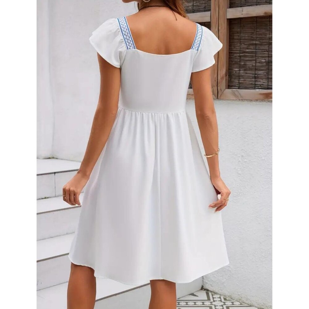 Square Neck Embroidered Dress with Ruffle Sleeves - Picture 2 of 9